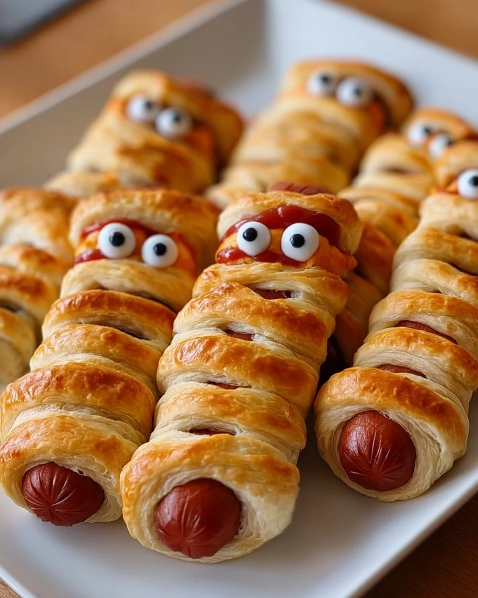 Plate of delicious hot dog mummies wrapped in crescent dough