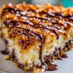 Delicious Samoas cookie pie with chocolate and coconut topping