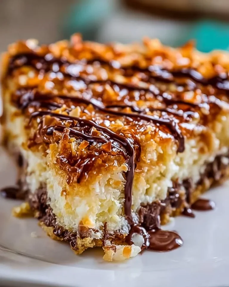 Delicious Samoas cookie pie with chocolate and coconut topping