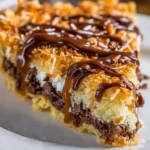 Samoas Cookie Pie topped with coconut and chocolate, an irresistible dessert.