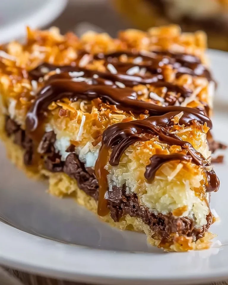 Samoas Cookie Pie topped with coconut and chocolate, an irresistible dessert.