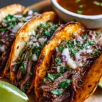 Delicious Birria Tacos served with consome and garnishes.