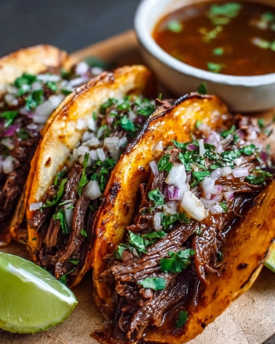 Delicious Birria Tacos served with consome and garnishes.