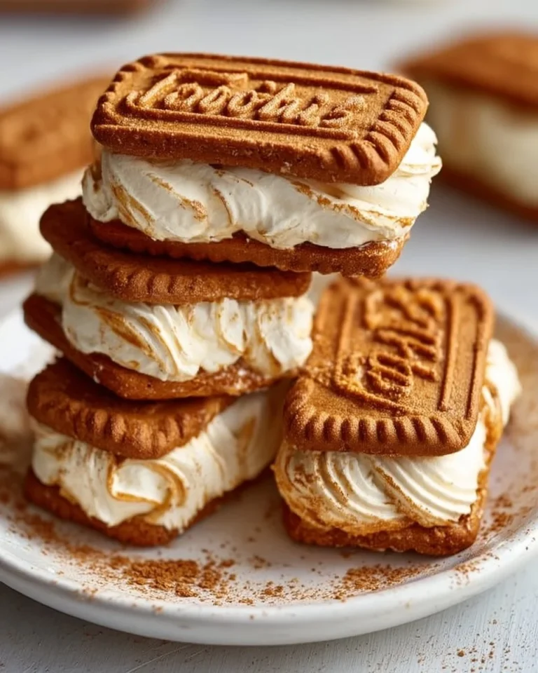 Biscoff ice cream sandwiches with creamy filling and crunchy cookies