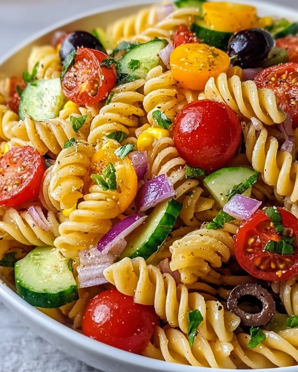 Colorful California Pasta Salad with fresh vegetables and pasta in a bowl