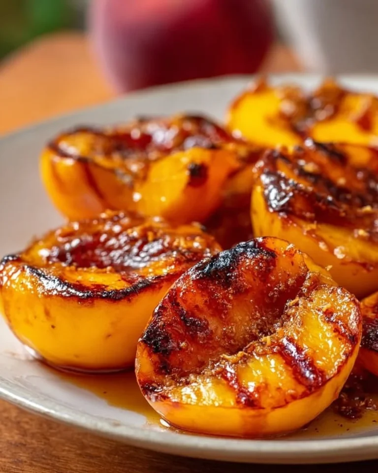 Caramelized grilled peaches topped with bourbon sauce served on a plate