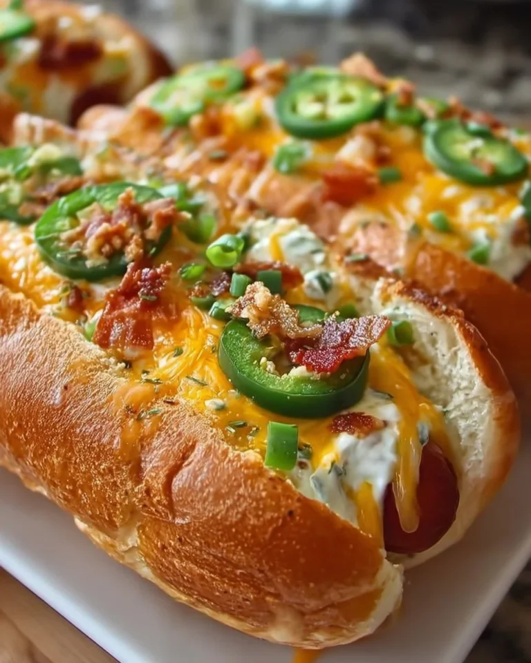 Cheesy jalapeño popper hot dogs topped with jalapeños and cheese