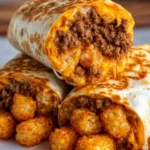 Cheesy potato burritos filled with creamy potatoes and cheese, garnished with fresh herbs.