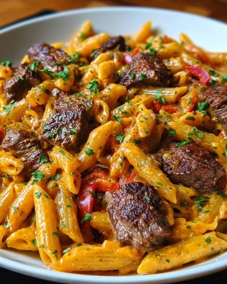 Cheesy Spicy Cajun Steak Pasta Skillet with vibrant spices and cheese