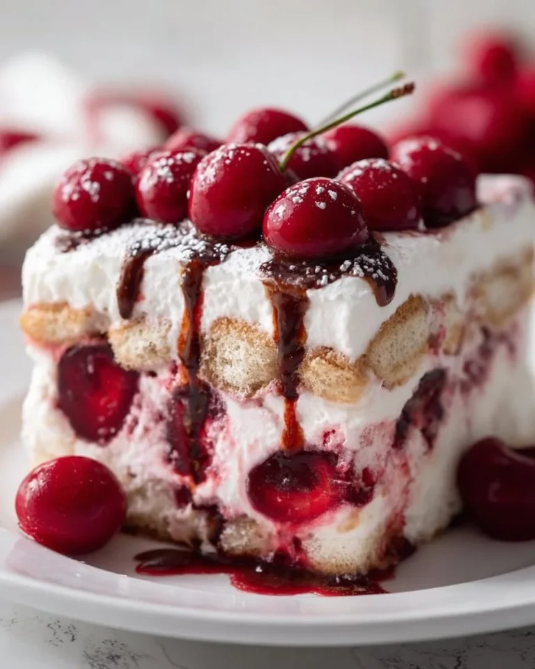 Delicious Cherry Amaretto Tiramisu dessert with cherries and creamy layers