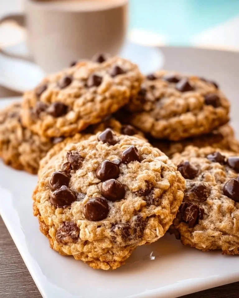 A plate of chewy oatmeal chocolate chip cookies fresh from the oven