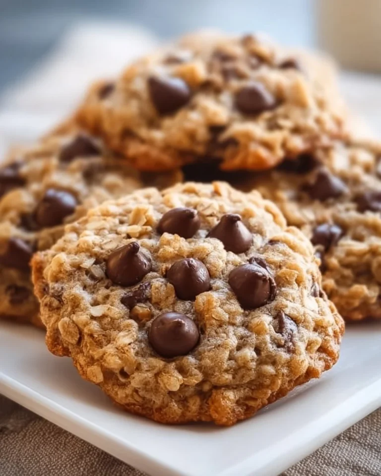 Homemade chewy oatmeal chocolate chip cookies stacked on a plate.