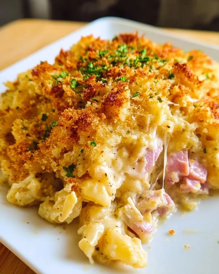 Image of a Chicken Cordon Bleu Casserole topped with breadcrumbs and cheese.