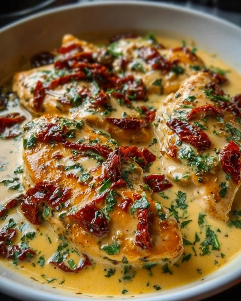 Chicken parmesan in a creamy parmesan and sundried tomato sauce served on a plate.