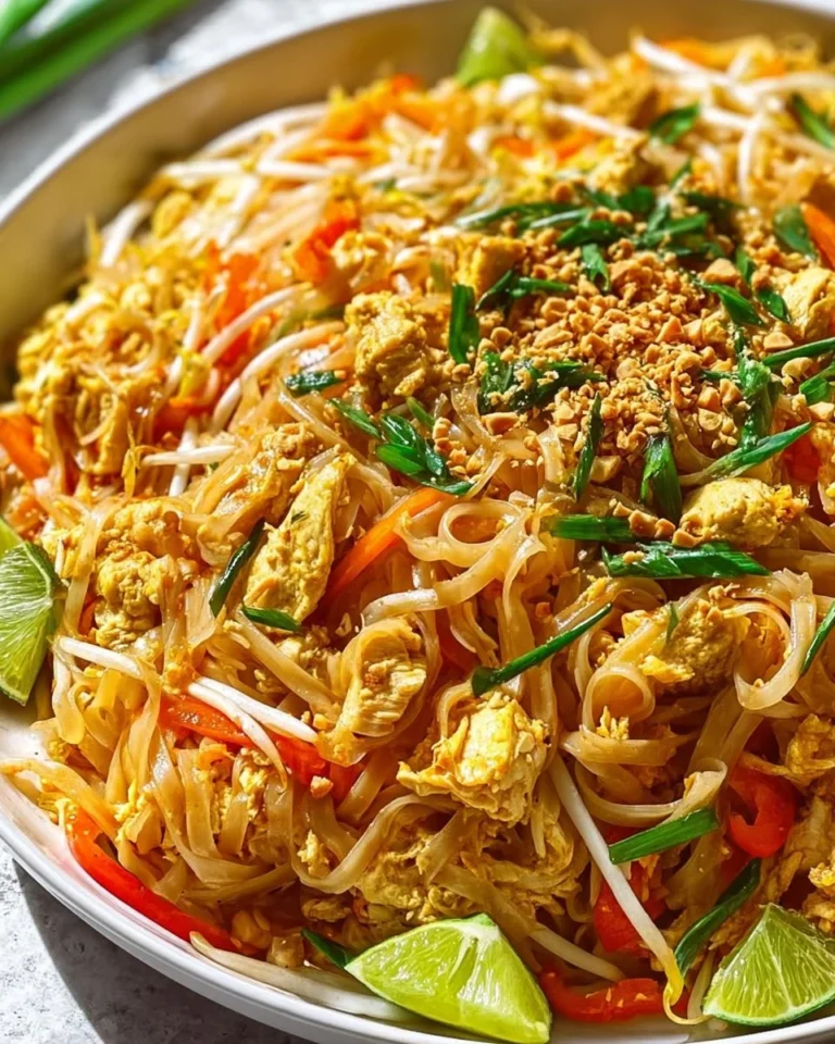 Plate of flavorful Chicken Pad Thai with fresh ingredients and garnishes.