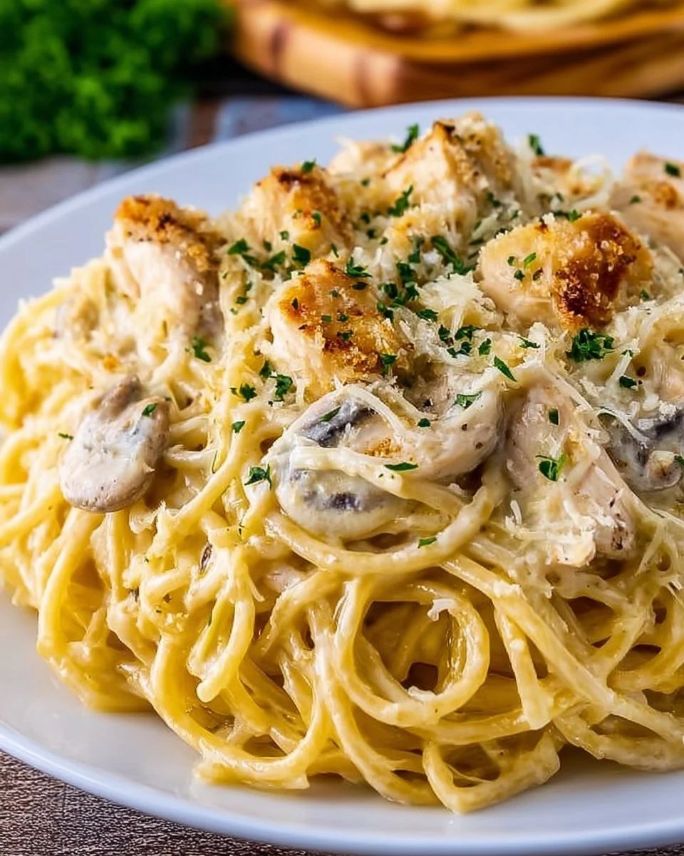 Creamy Chicken Tetrazzini with pasta and mushrooms in a baking dish