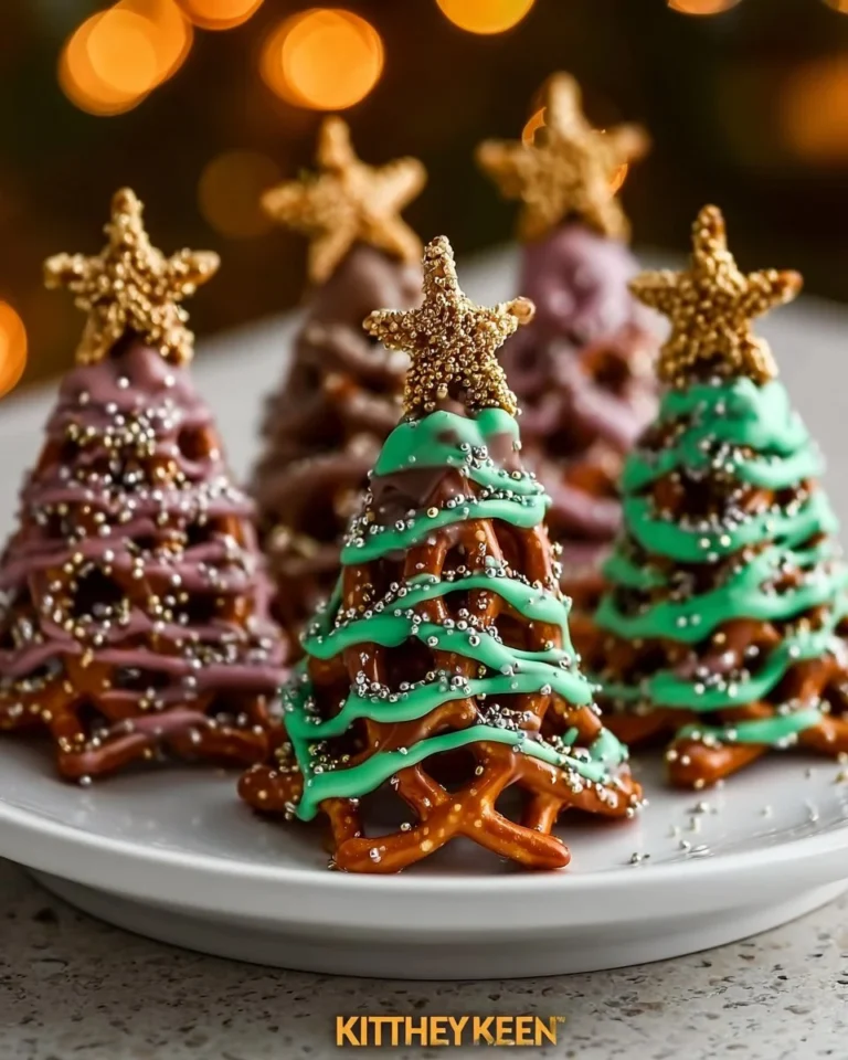 Homemade Chocolate Pretzel Trees decorated for the holidays