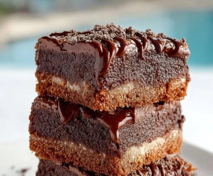 Chocolate sugar cookie bars on a white plate with chocolate drizzle
