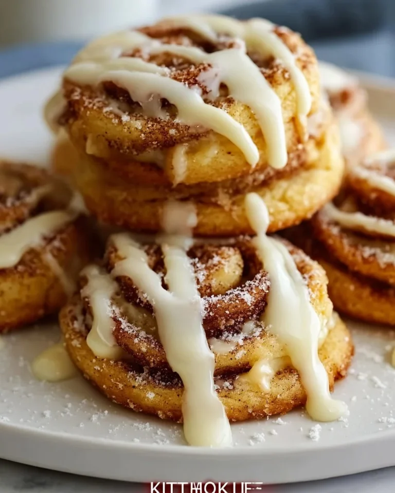 Plate of freshly baked cinnamon roll cheesecake cookies stacked high.
