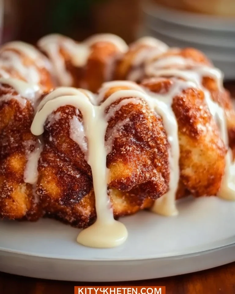 Cinnamon Roll Monkey Bread drizzled with glaze on a serving plate
