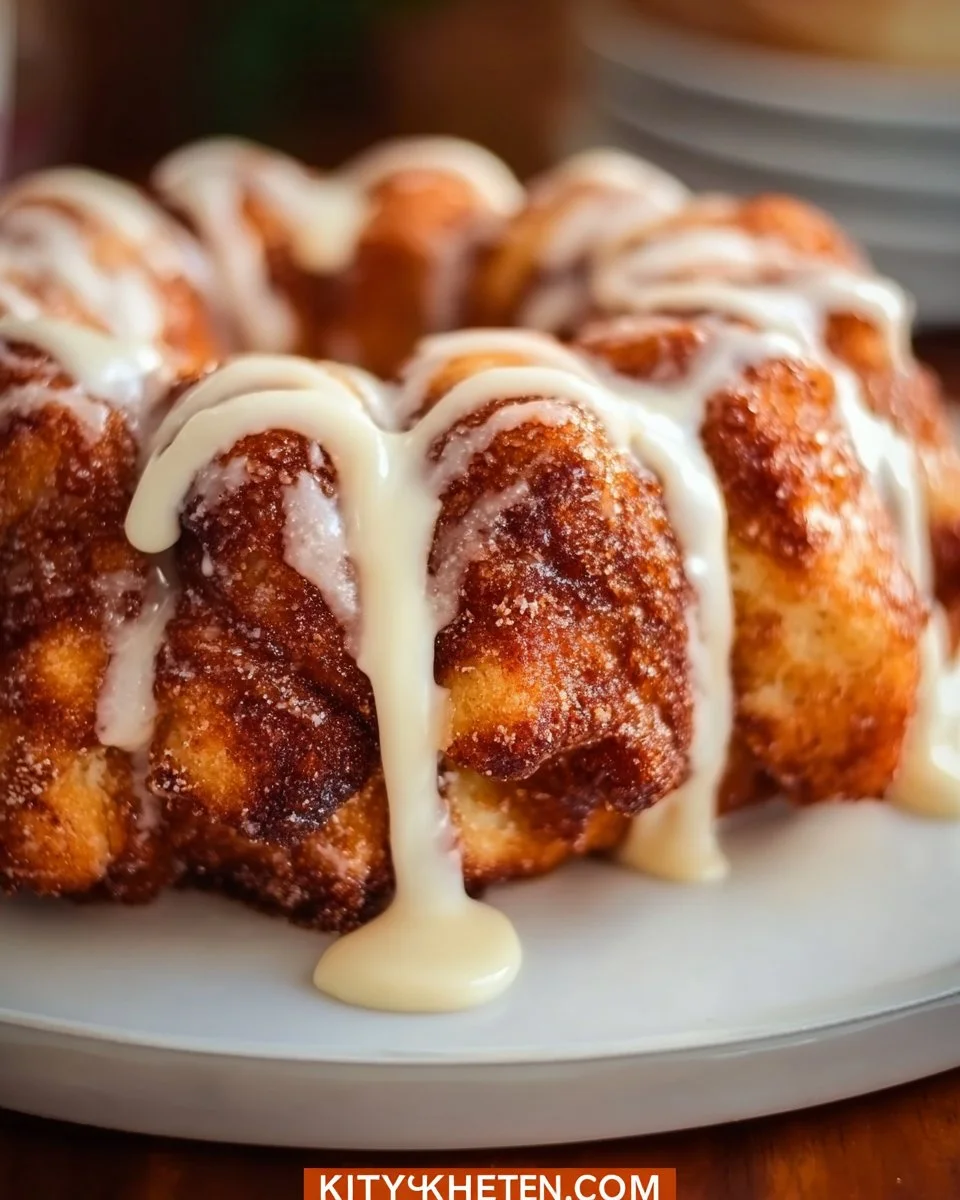 Cinnamon Roll Monkey Bread drizzled with glaze on a serving plate