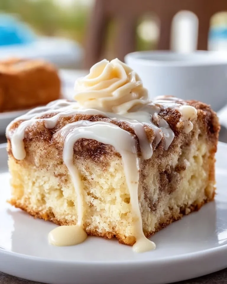 Delicious Cinnamon Roll Poke Cake topped with creamy icing and cinnamon swirls.