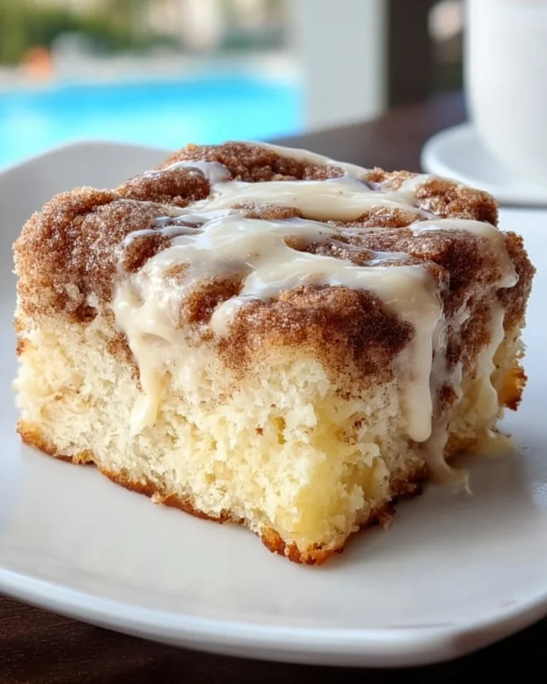 Delicious Cinnamon Roll Poke Cake topped with icing and cinnamon crumble.