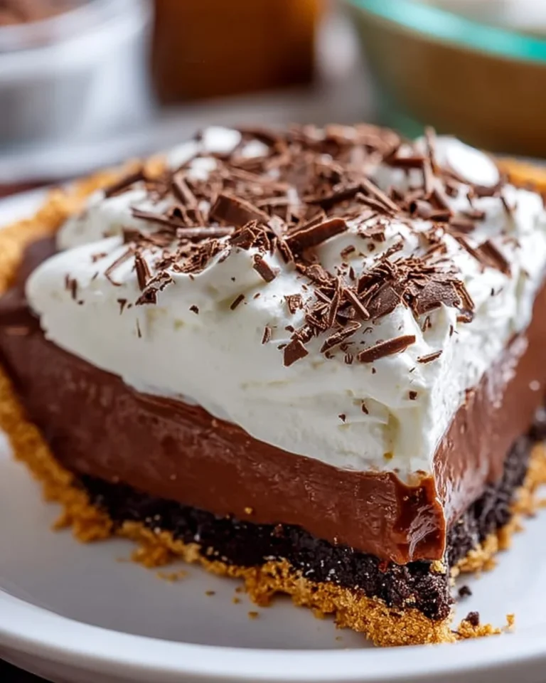 Delicious slice of Classic French Silk Pie with chocolate filling and whipped cream