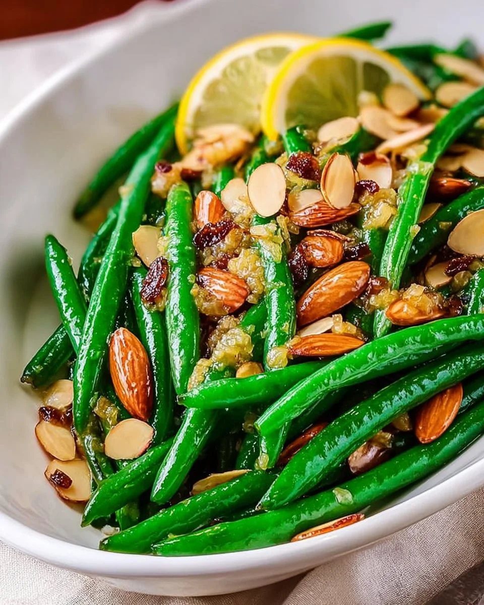Classic green beans almondine with sautéed almonds and vibrant green beans