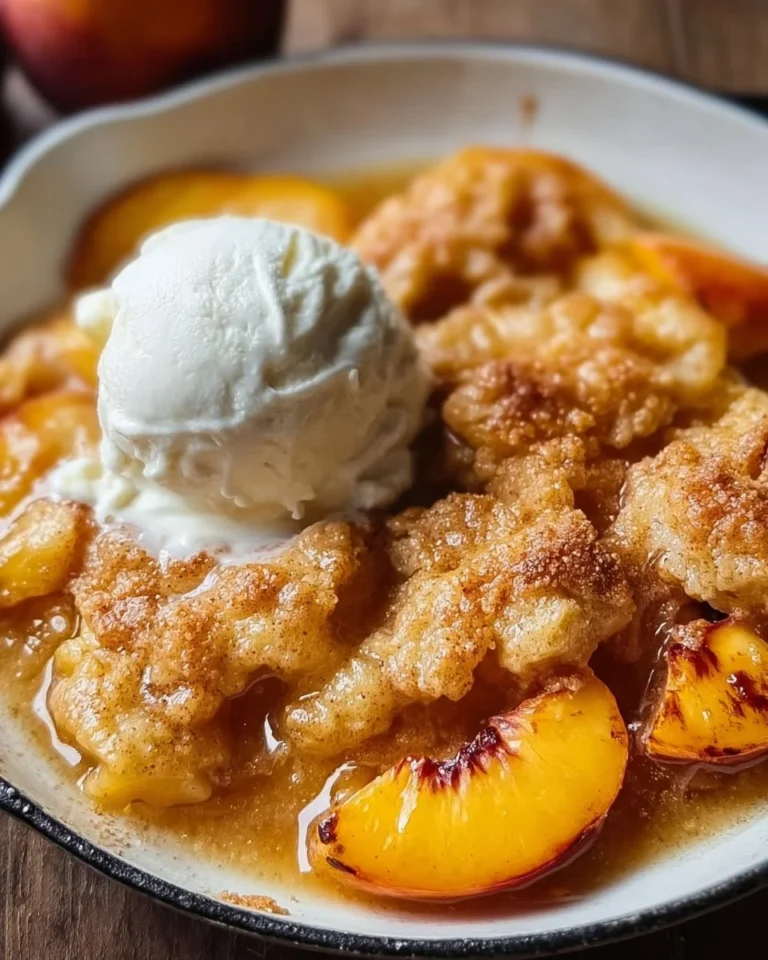 Classic Grilled Peach Cobbler served in a rustic dish with fresh peaches