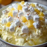 Classic Lemon Fluff Salad in a glass bowl garnished with lemon slices and mint.