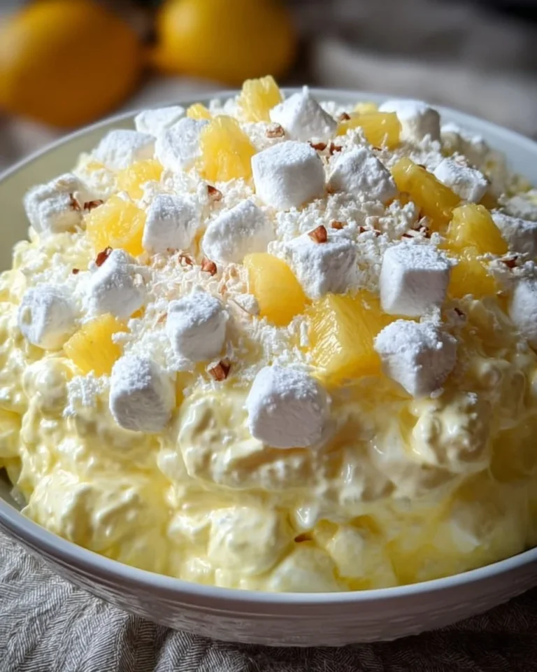 Classic Lemon Fluff Salad in a glass bowl garnished with lemon slices and mint.