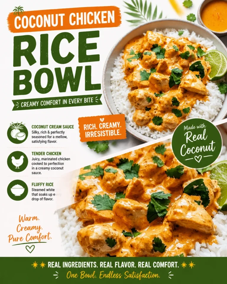 A flavorful Coconut Chicken Rice Bowl garnished with fresh herbs and vegetables.