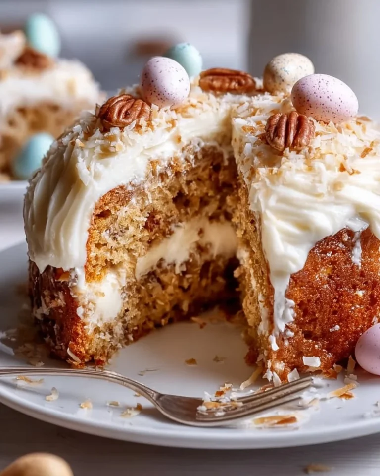 Coconut Hummingbird Easter Cake decorated with pastel flowers and festive toppings.