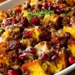 Cranberry sausage and stuffing breakfast casserole served on a white plate