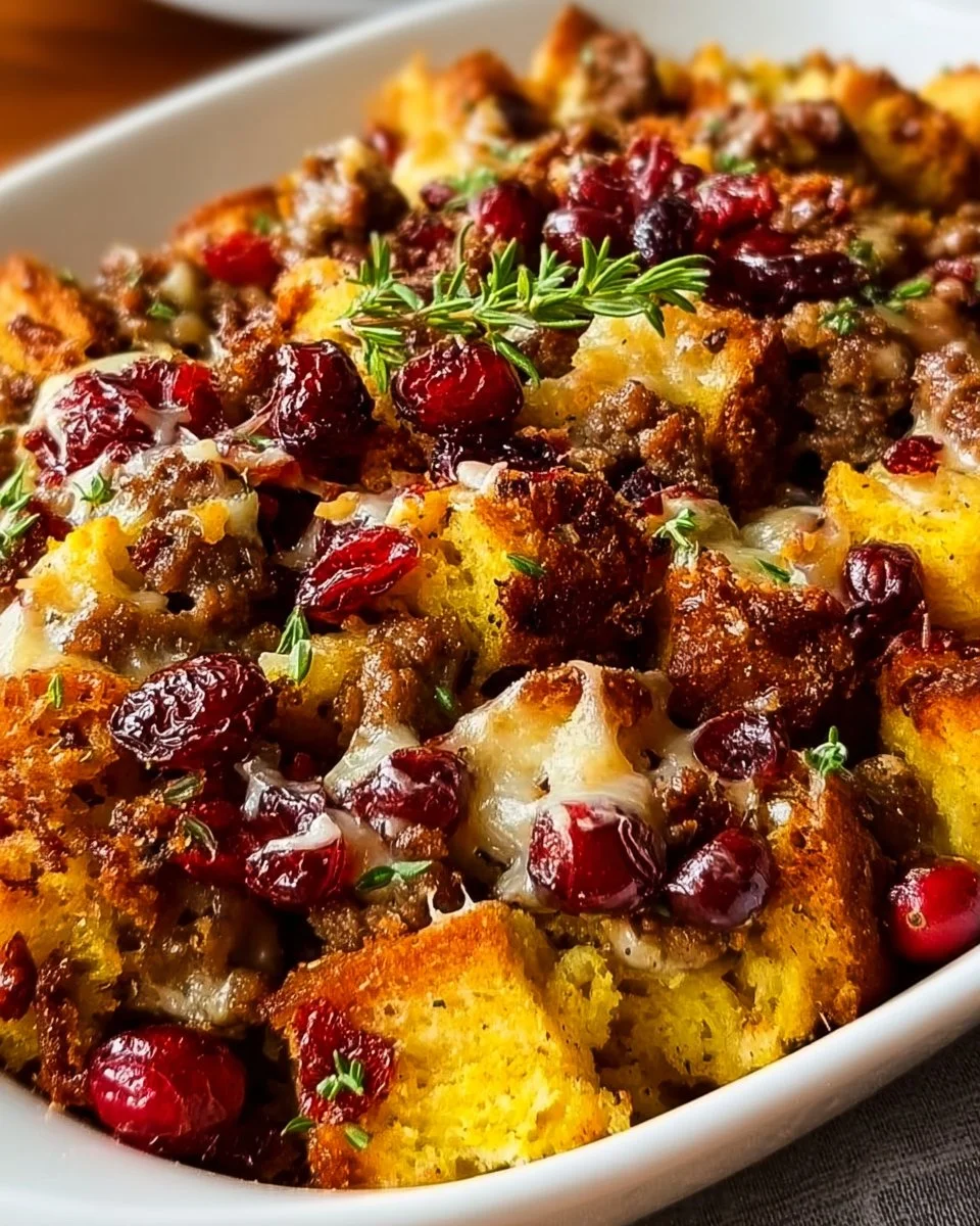 Cranberry sausage and stuffing breakfast casserole served on a white plate