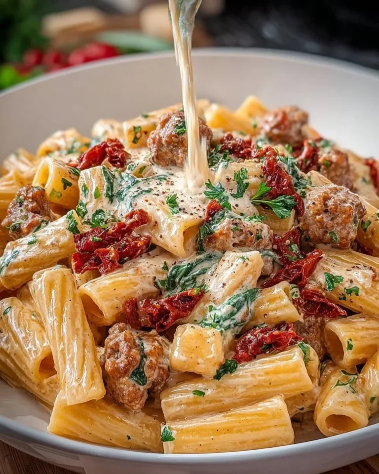 Creamiest Italian sausage pasta served in a bowl with herbs