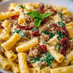 Creamiest Italian sausage pasta with rich sauce and garnished herbs