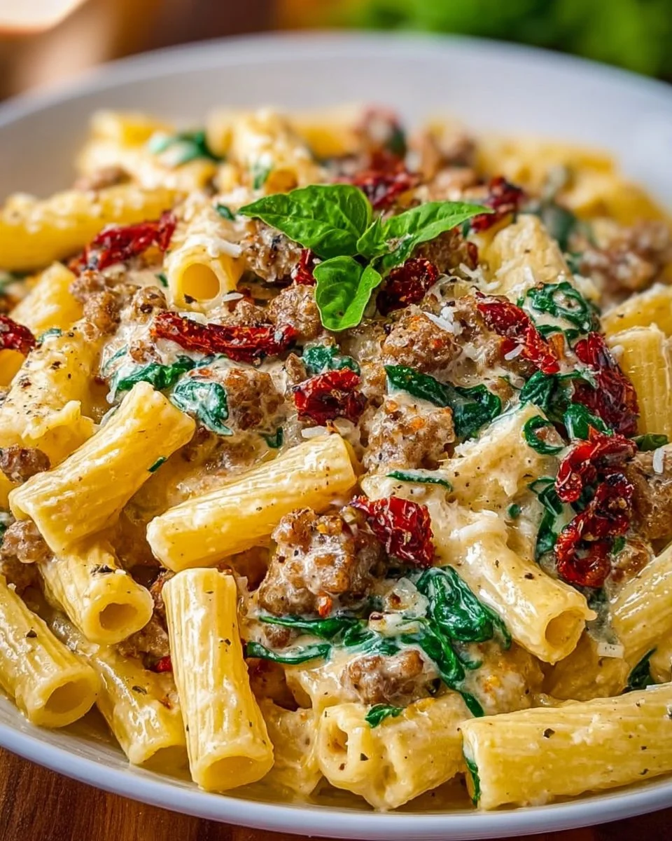 Creamiest Italian sausage pasta with rich sauce and garnished herbs