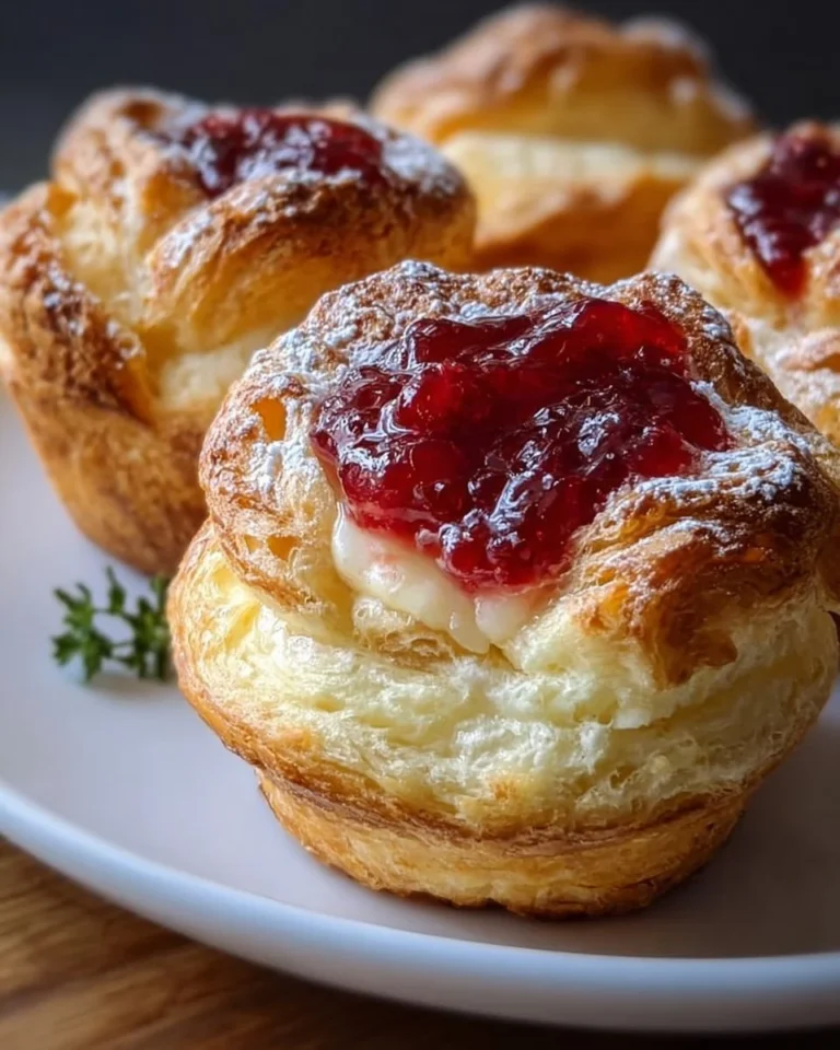 Creamy cheese cruffins served with raspberry jam on a plate