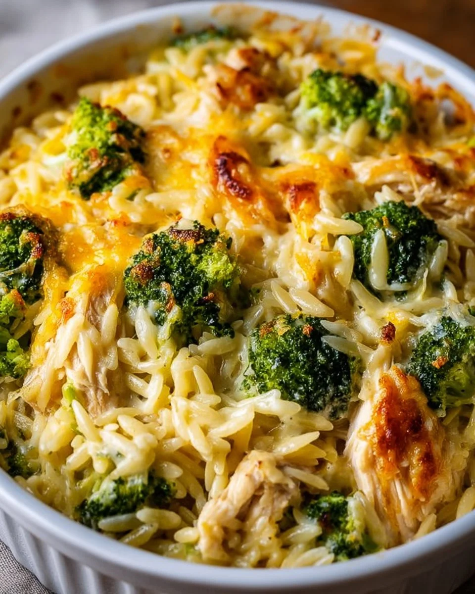 Creamy cheesy chicken broccoli orzo bake topped with melted cheese and herbs
