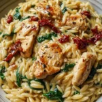 Bowl of creamy chicken orzo topped with herbs and Parmesan cheese