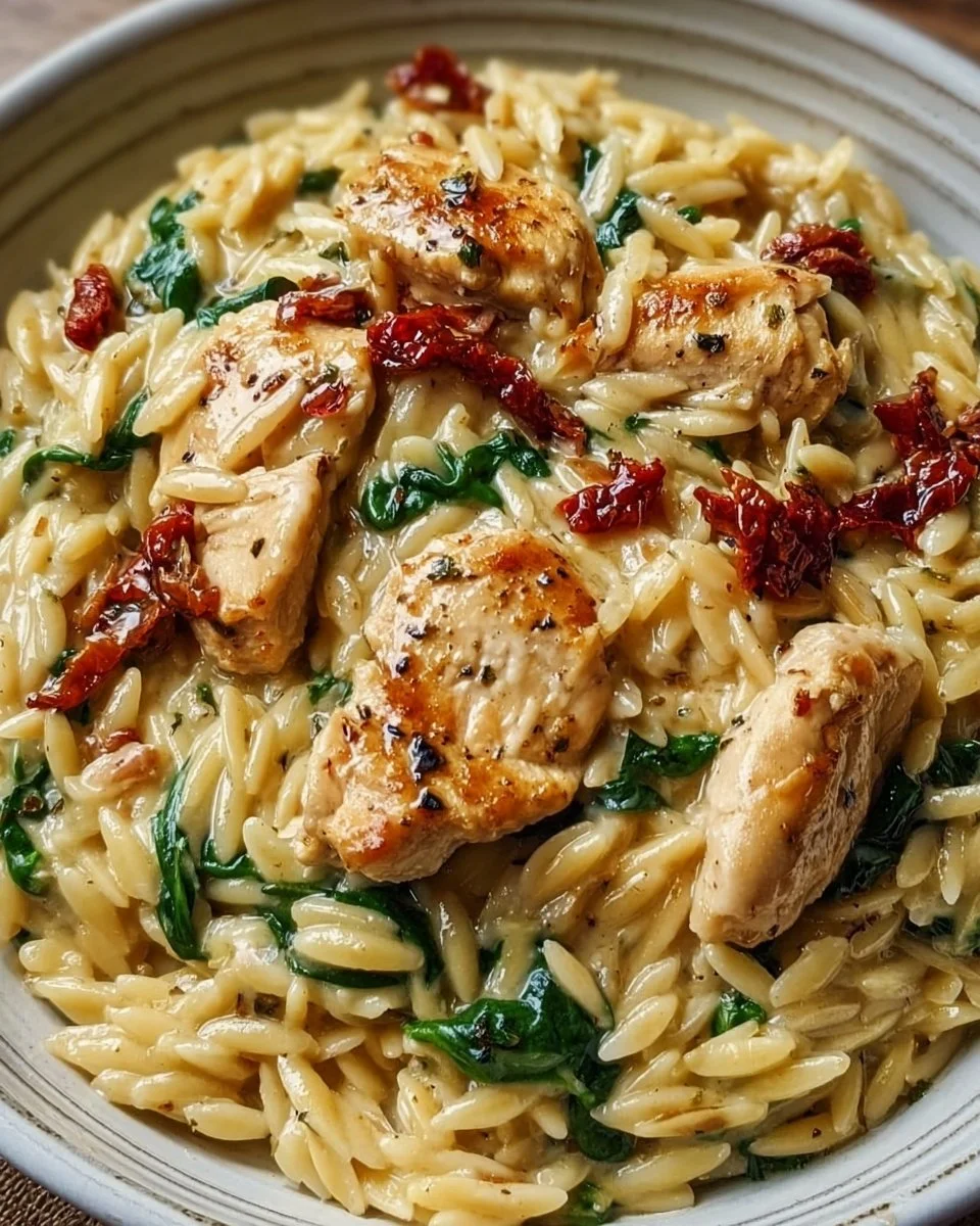 Bowl of creamy chicken orzo topped with herbs and Parmesan cheese