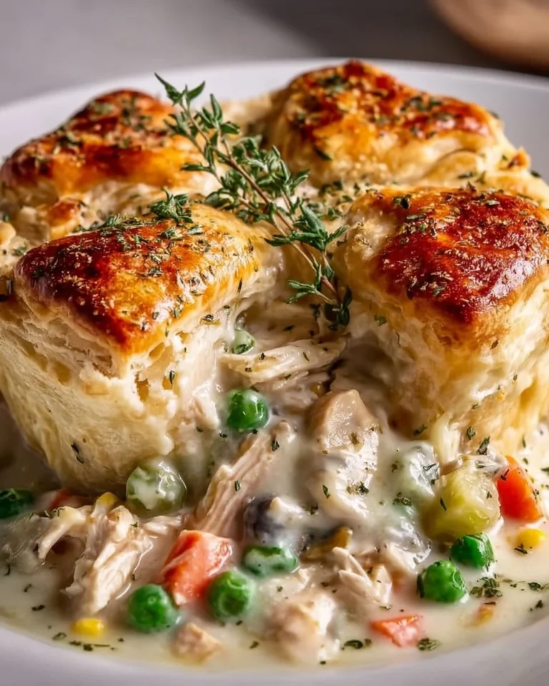 Creamy chicken pot pie with chicken, vegetables, and flaky crust