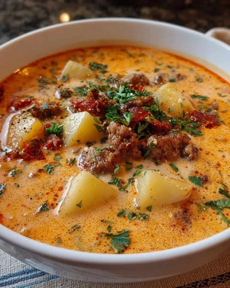 Bowl of creamy chorizo potato soup topped with herbs and bacon bits