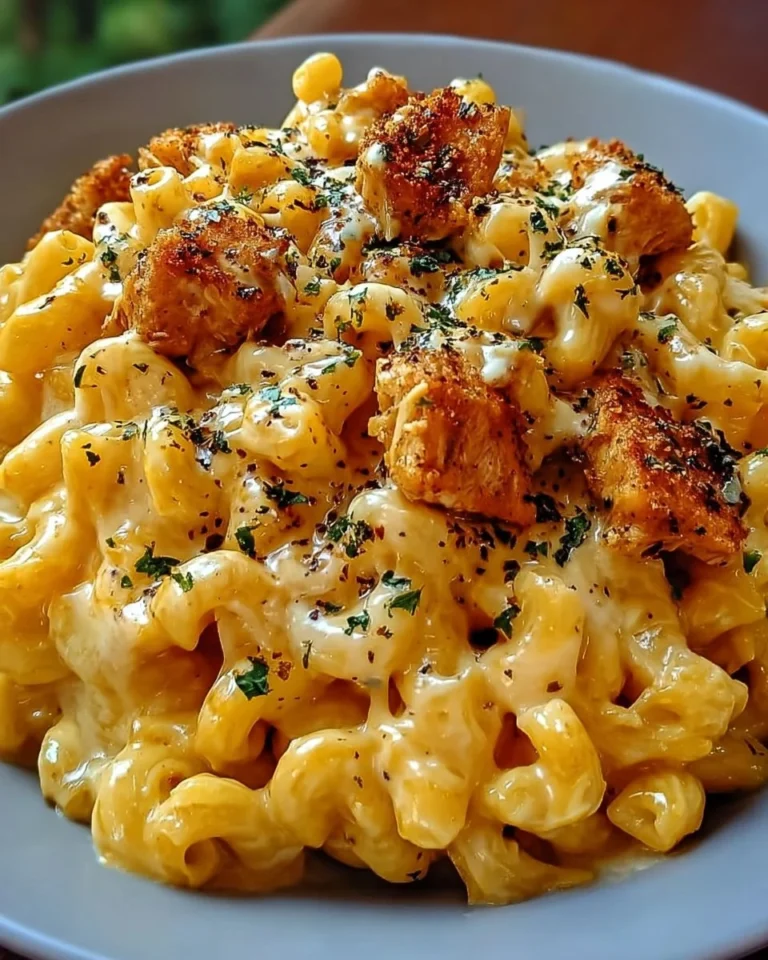 Creamy honey pepper chicken mac and cheese served in a bowl