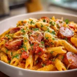 Creamy hot dog pasta dish garnished with herbs in a bowl