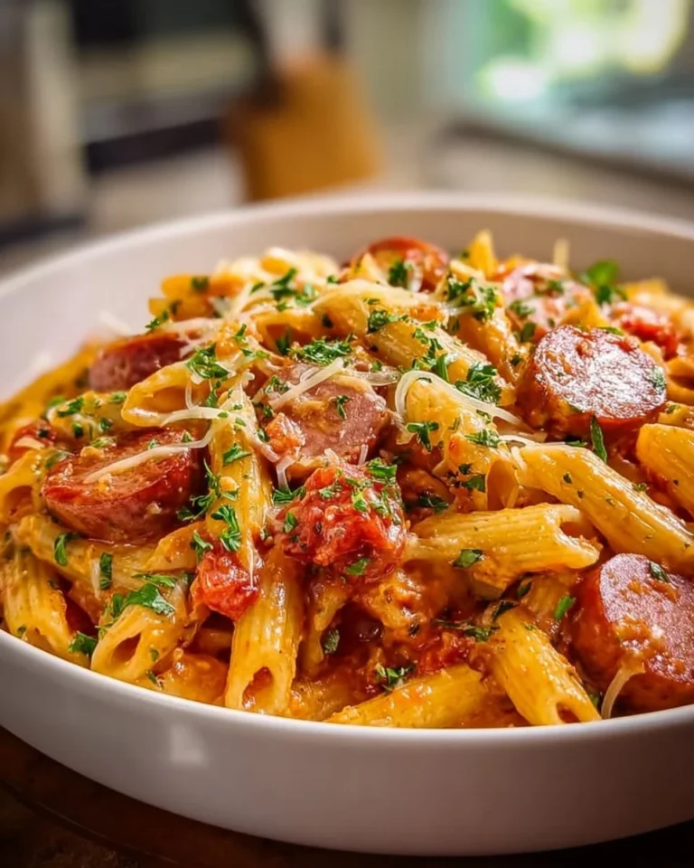Creamy hot dog pasta dish garnished with herbs in a bowl
