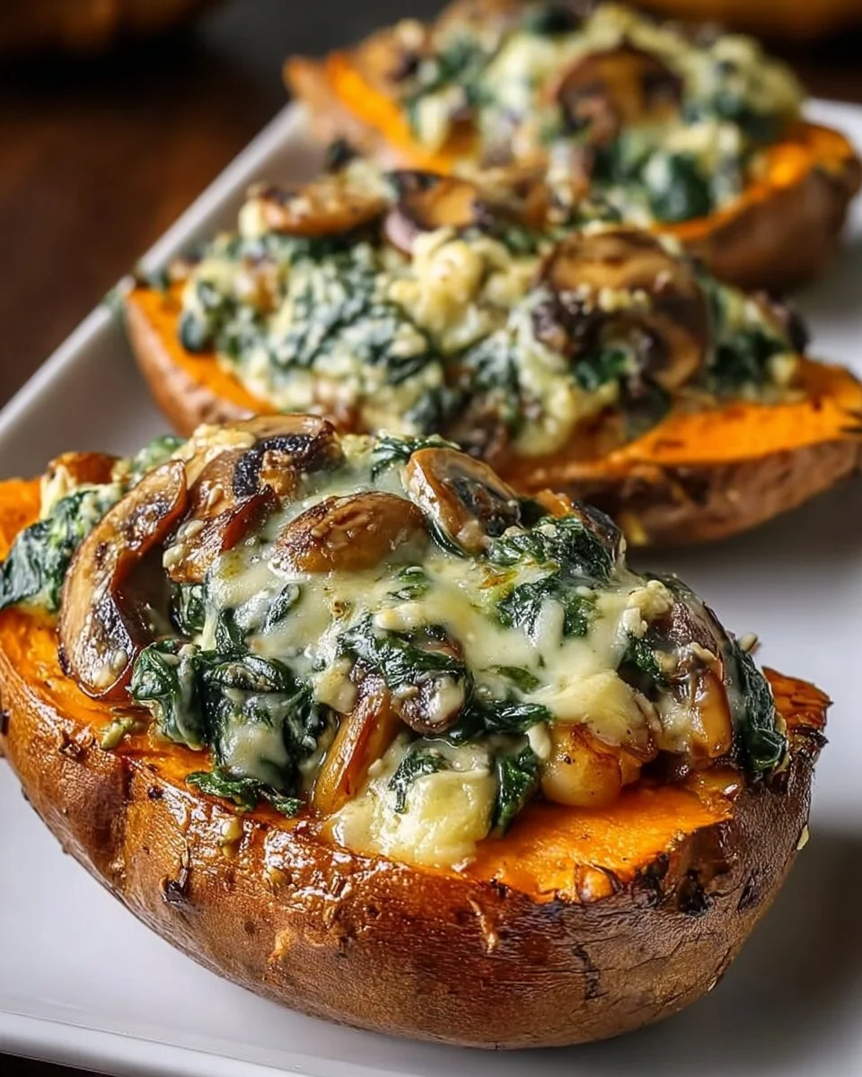 Creamy mushroom stuffed sweet potatoes topped with herbs and spices