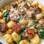 Creamy one-pot gnocchi sausage skillet dish garnished with herbs.
